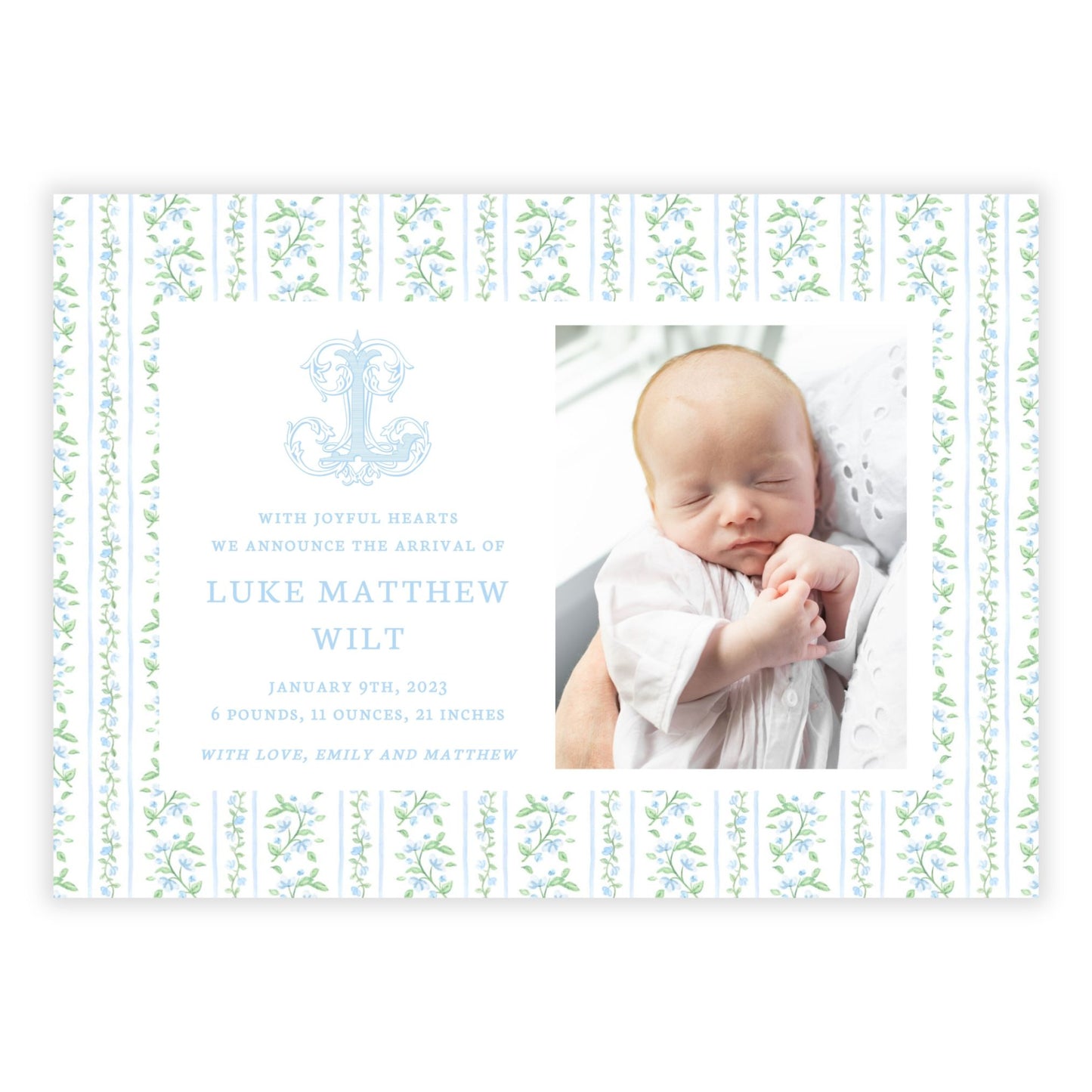 Birth Announcement Photo Card - Floral Toile, Blue (Landscape)
