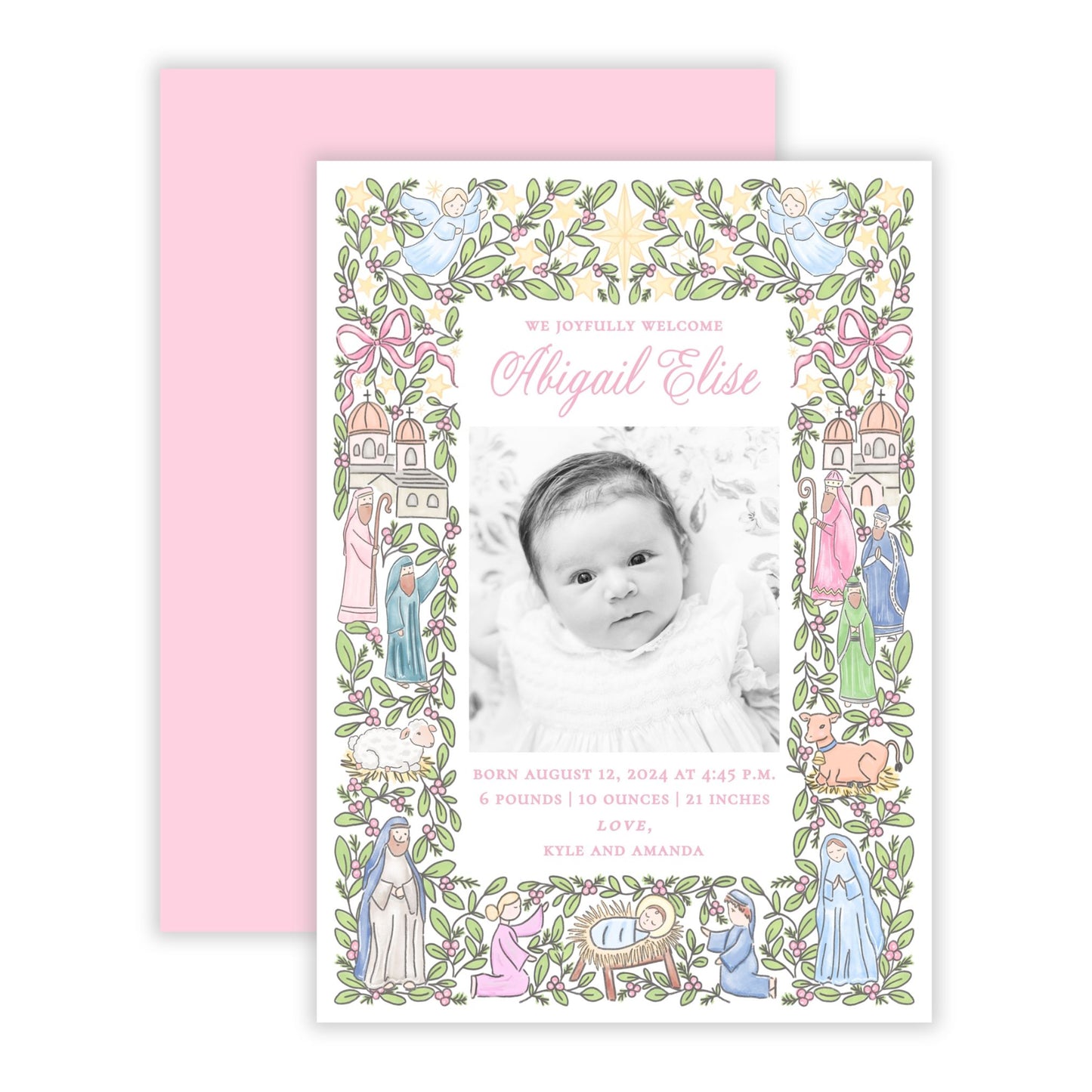 Christmas Photo Card - Festive Nativity, Pastel Pink - Birth Announcement (Portrait)