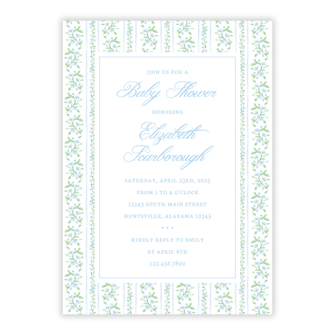 Blue Floral Toile Baby Shower Invitations