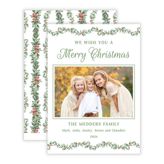 Christmas Photo Card - Scalloped Holly (Landscape Photo)