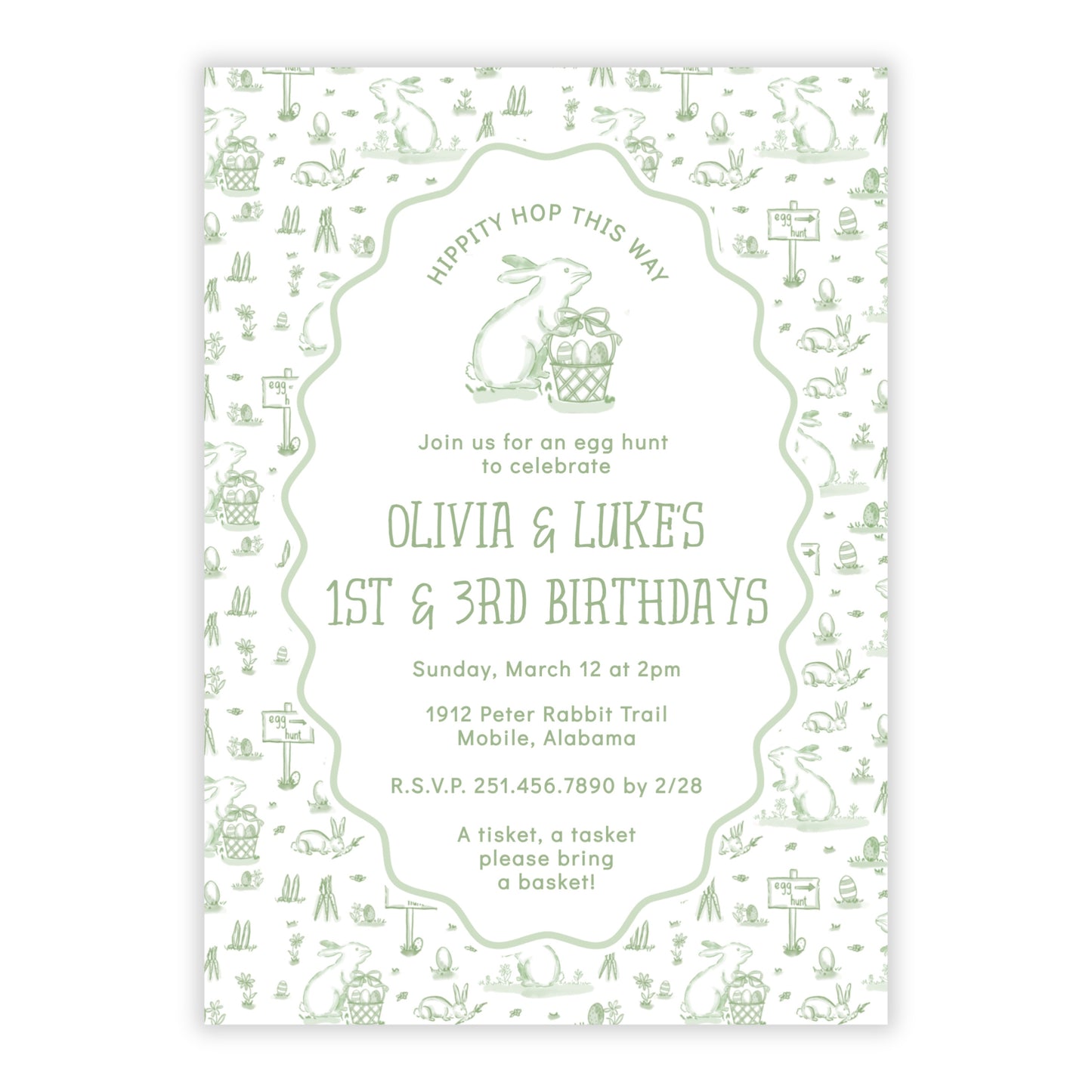 Easter Toile Sibling Birthday Invitations, Green