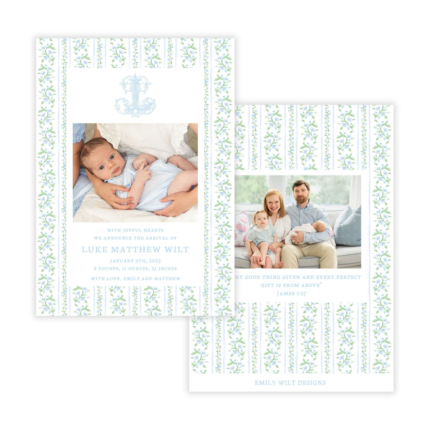 Birth Announcement Photo Card - Blue Floral Toile (Portrait)