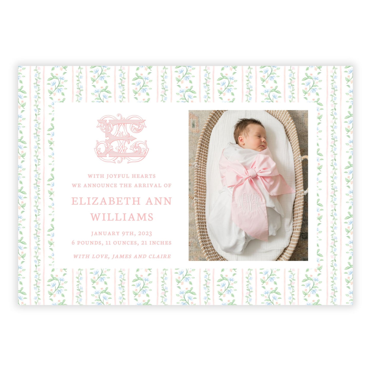 Birth Announcement Photo Card - Floral Toile, Peach (Landscape)