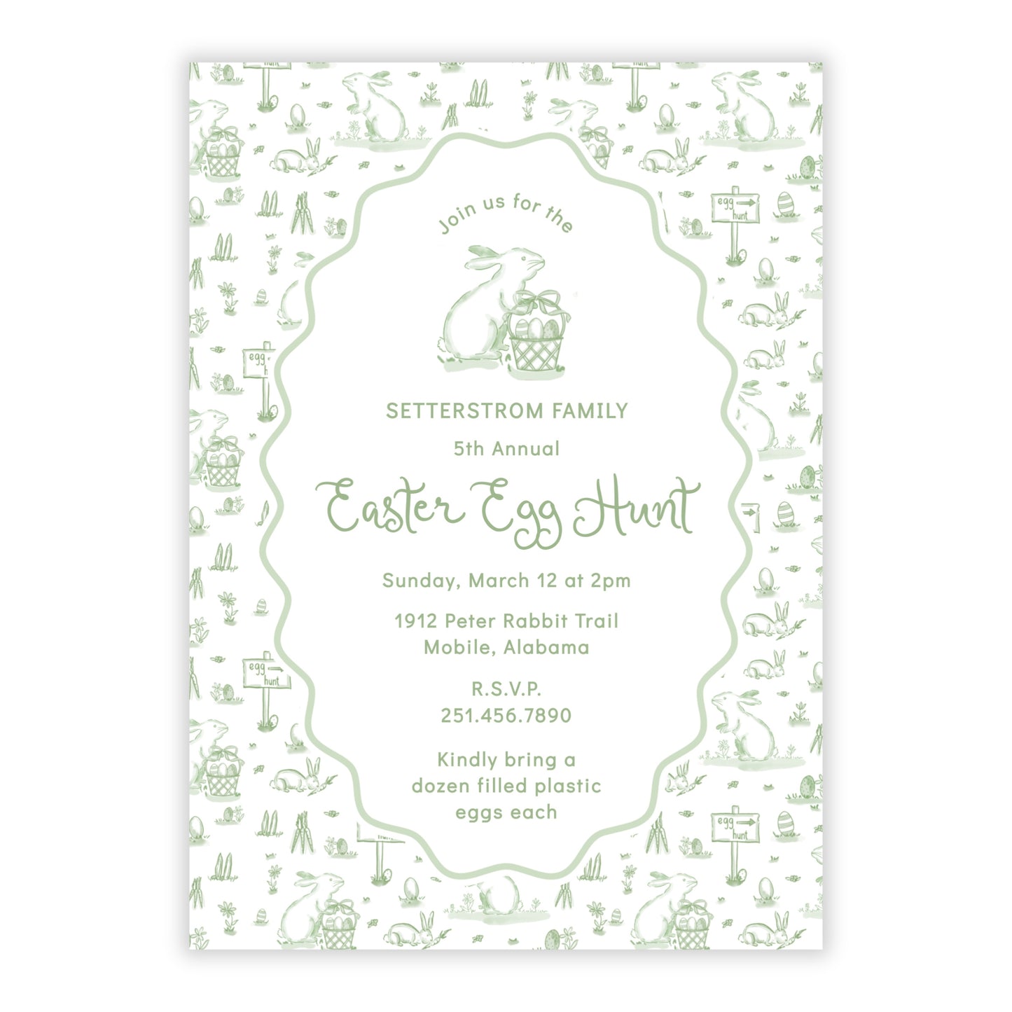 Easter Toile Egg Hunt Invitation, Green
