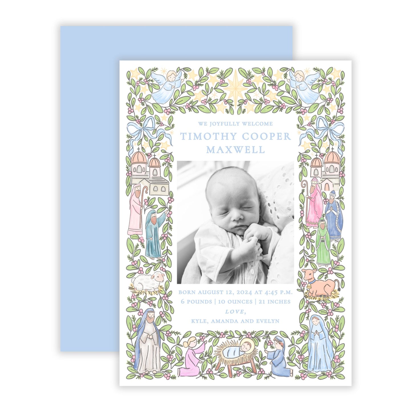 Christmas Photo Card - Festive Nativity, Pastel Blue - Birth Announcement (Portrait)
