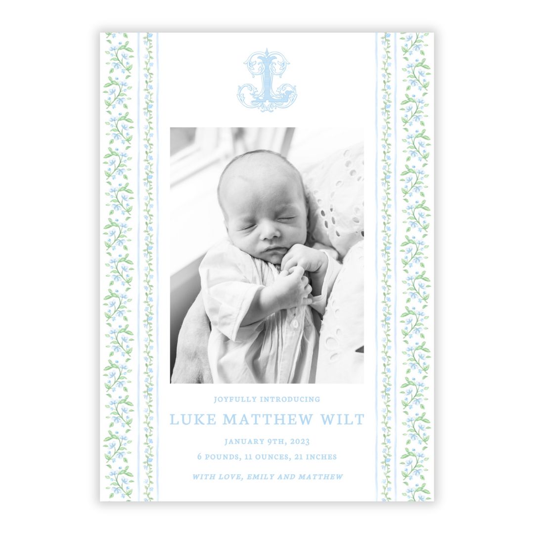 Birth Announcement Photo Card - Floral Toile, Blue