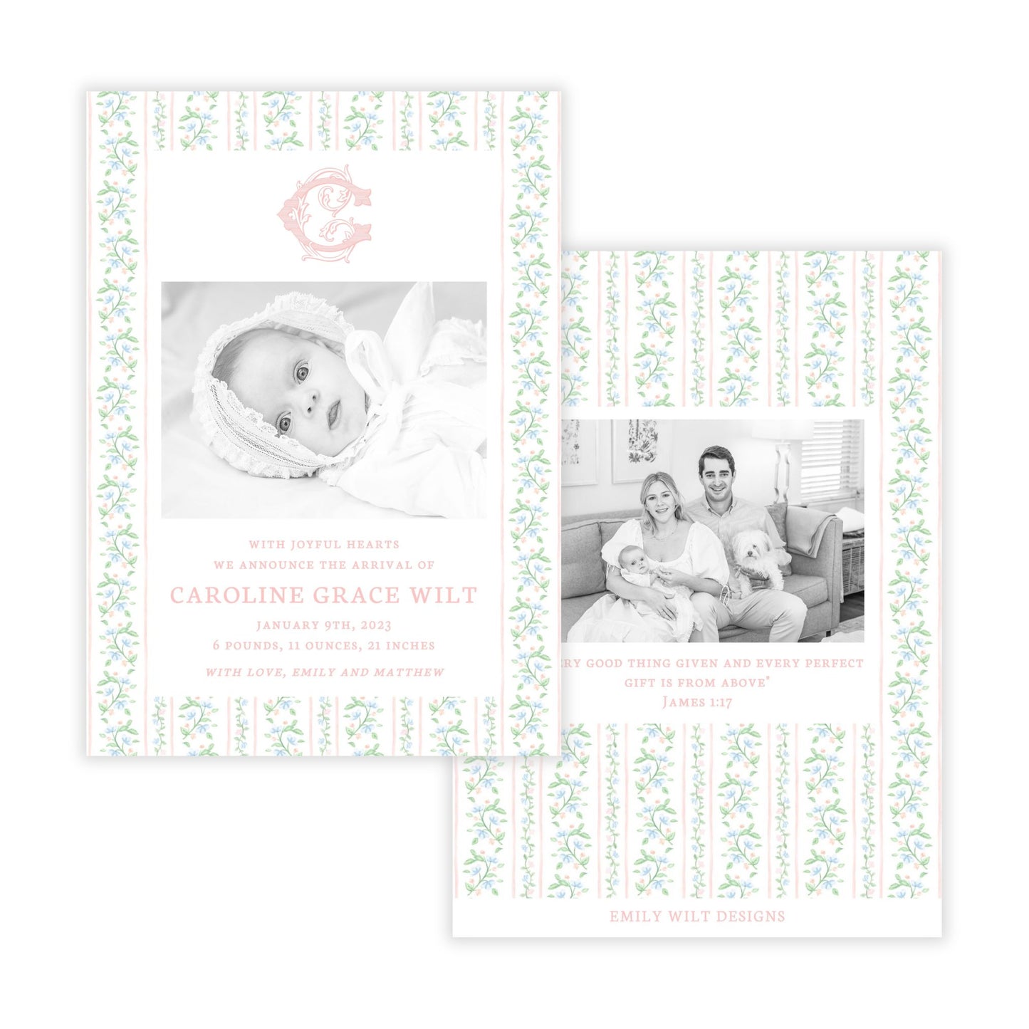 Birth Announcement Photo Card - Peach Floral Toile (Portrait)