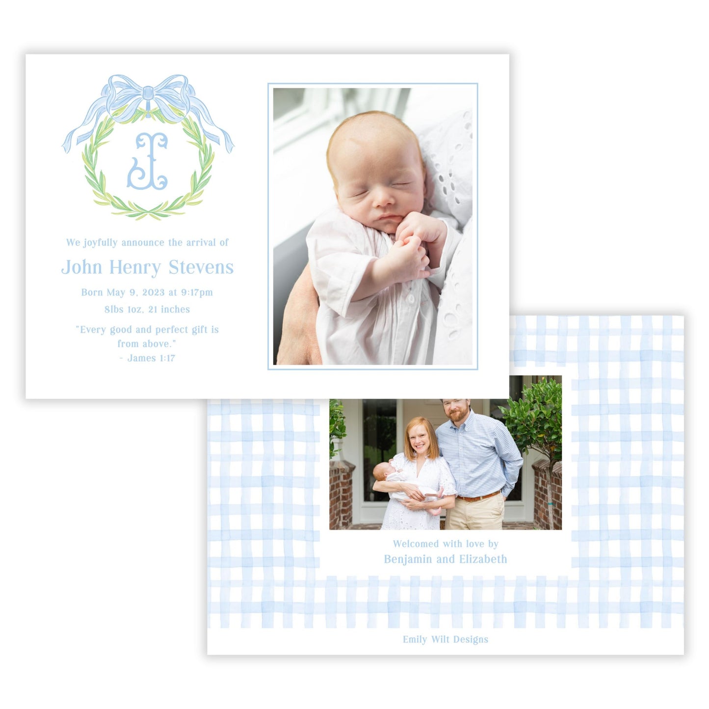 Birth Announcement Photo Card - Monogrammed Wreath, Blue (Landscape)