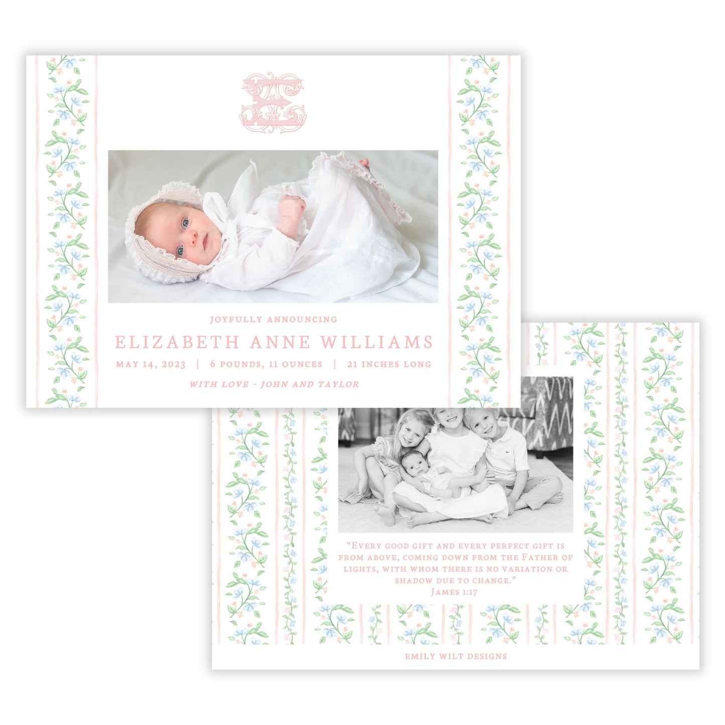 Birth Announcement Photo Card - Floral Toile, Peach (Landscape)