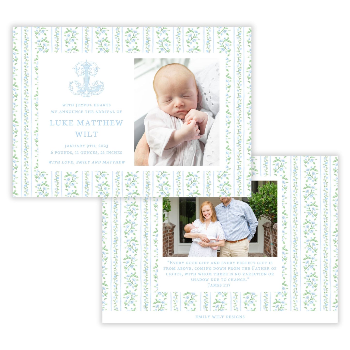 Birth Announcement Photo Card - Floral Toile, Blue (Landscape)