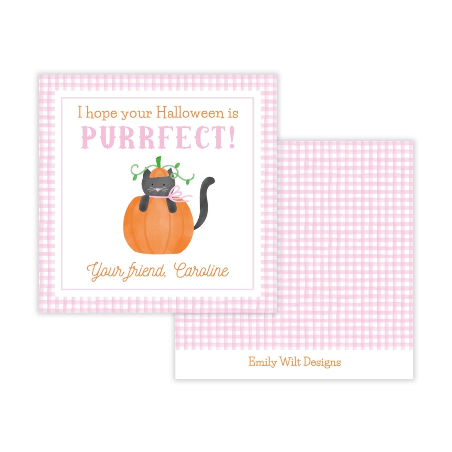 Kids Halloween Tags or Stickers - Black Cat (Pink)