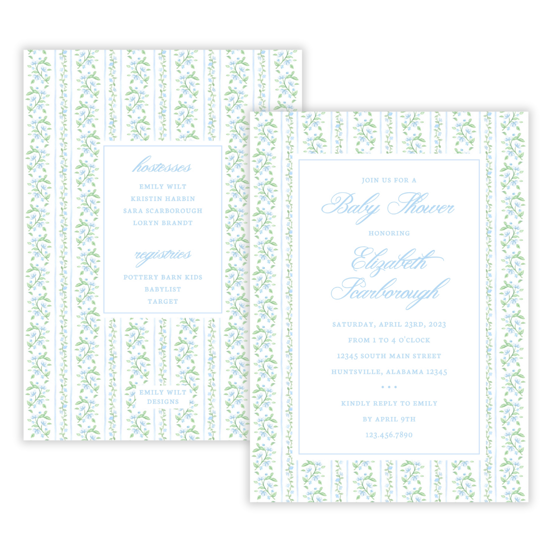 Blue Floral Toile Baby Shower Invitations