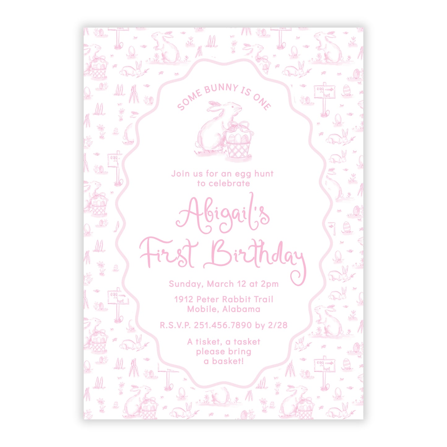 Easter Toile Girl First Birthday Invitations, Pink