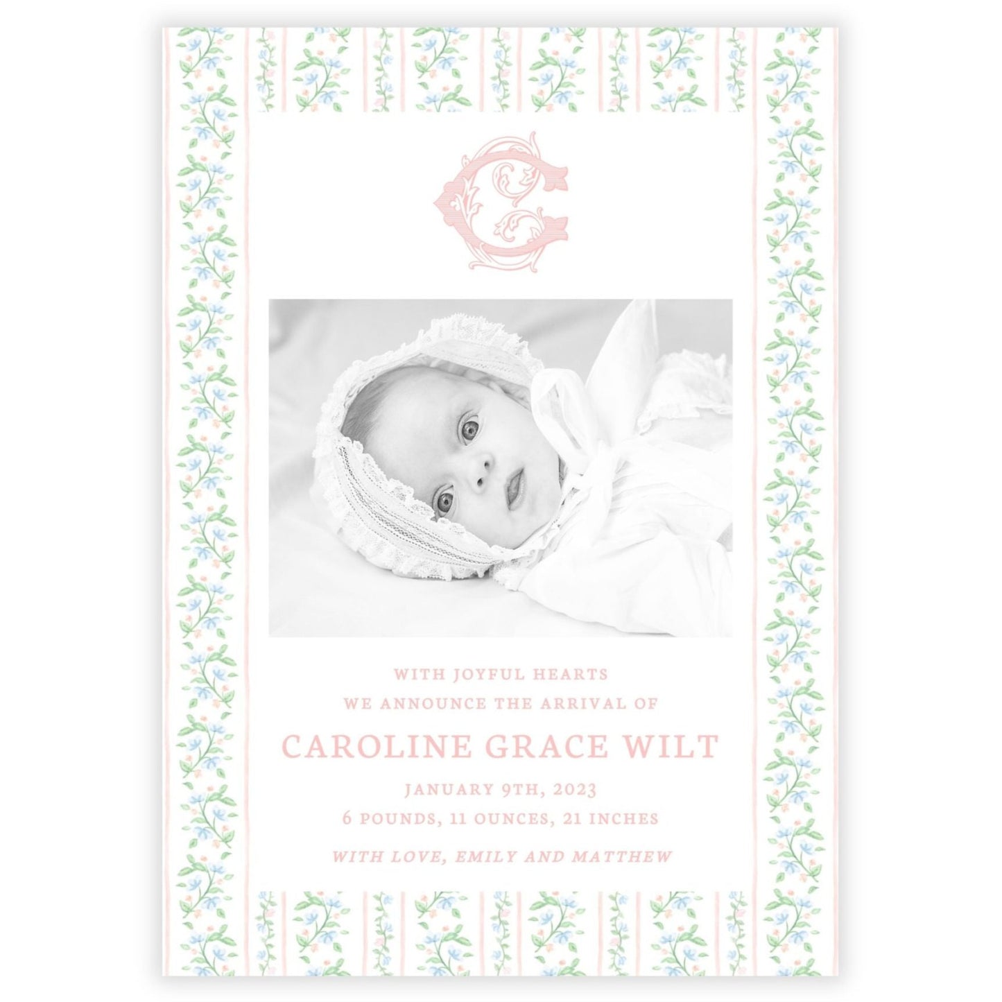 Birth Announcement Photo Card - Peach Floral Toile (Portrait)