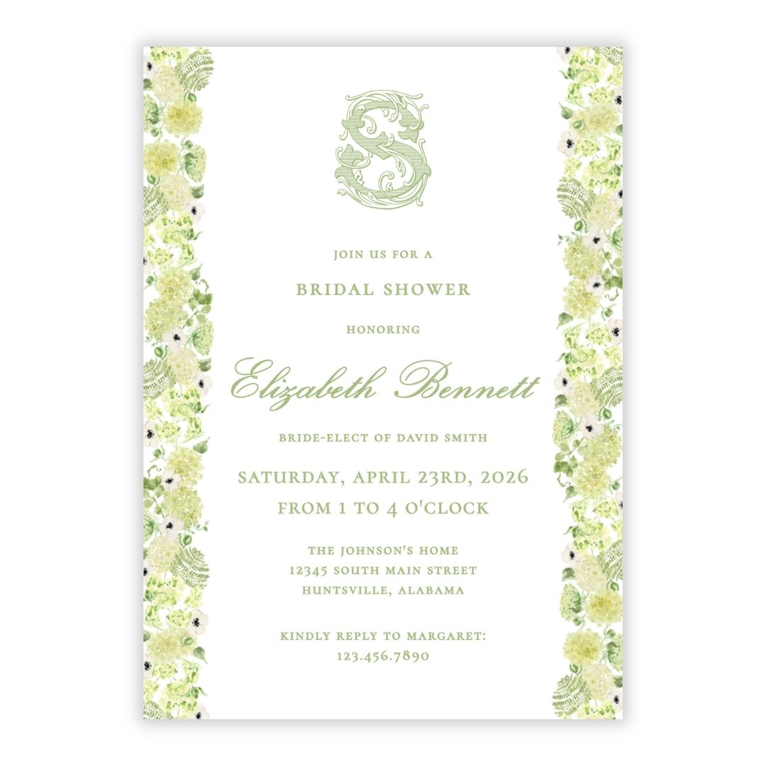 Limelight Hydrangea Bridal Shower Invitations (Monogram Garlands)