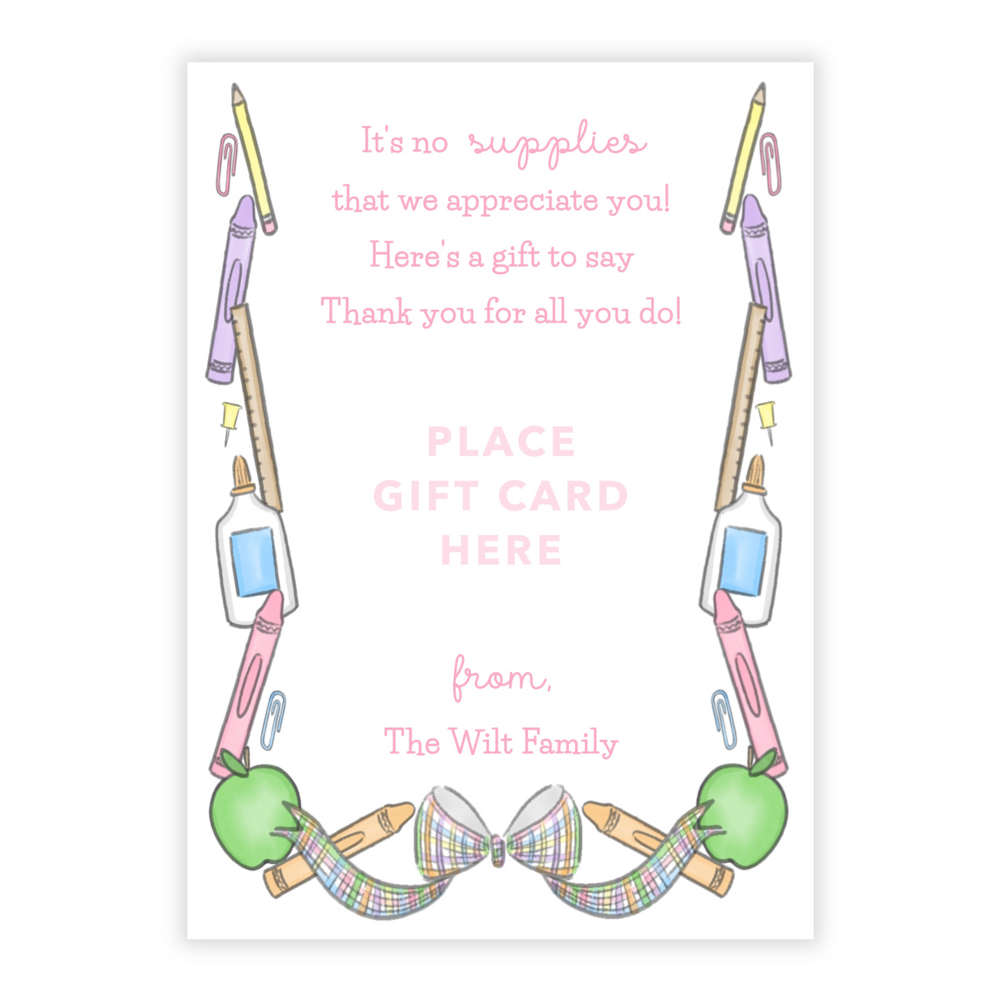 PRINTABLE Teacher Gift Card Holder - Pastel School Supplies, Pink