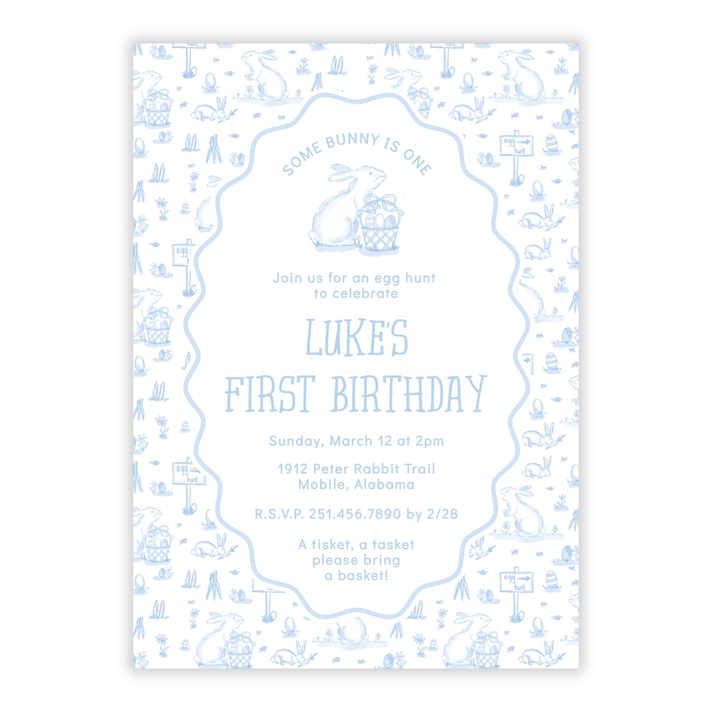 Easter Toile Boy First Birthday Invitations, Blue