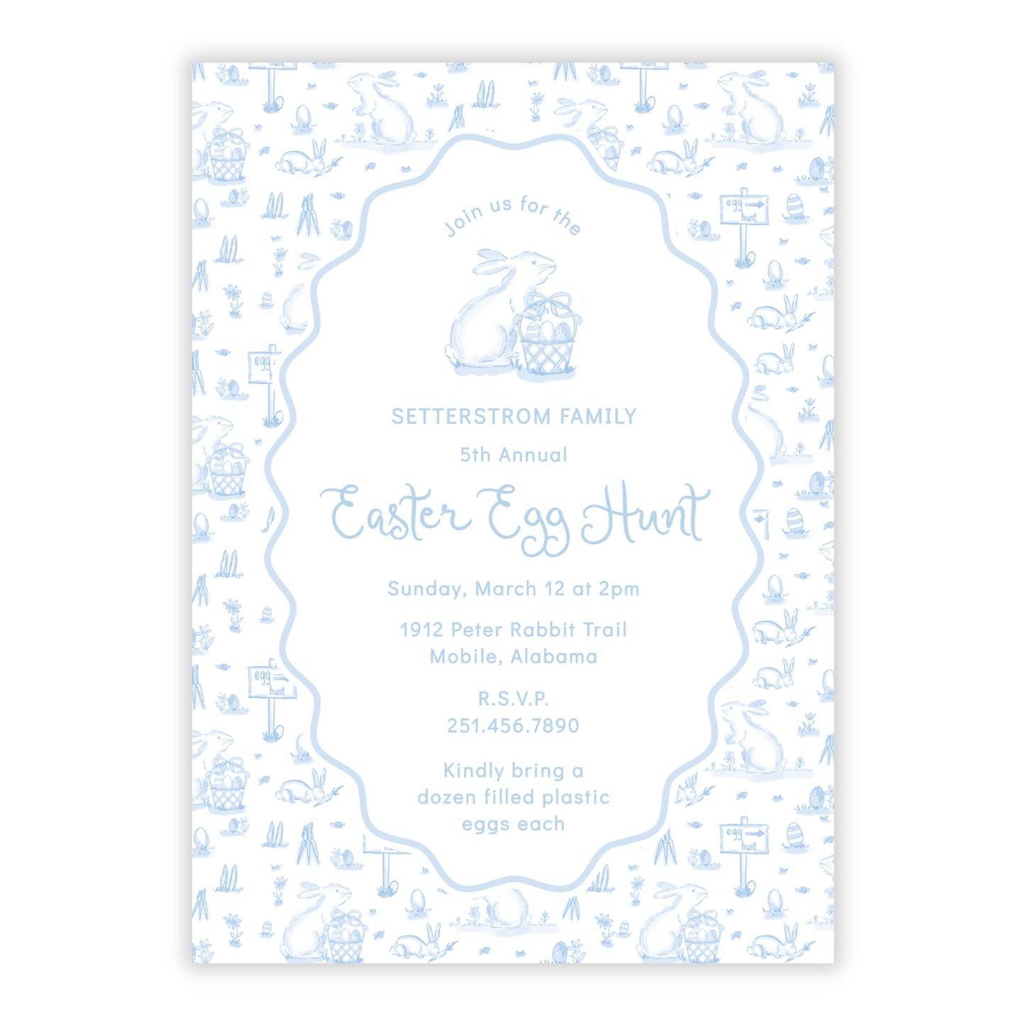 Easter Toile Egg Hunt Invitation, Blue