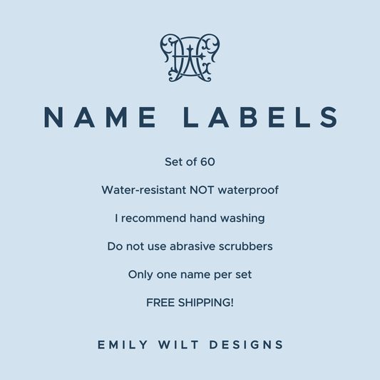 The image is a set of 60 labels from Emily Wilt Designs, which are water-resistant and not waterproof. The labels are recommended for hand washing and not to be used with abrasive scrubbers. Each set contains one name, and there is a free shipping offer.