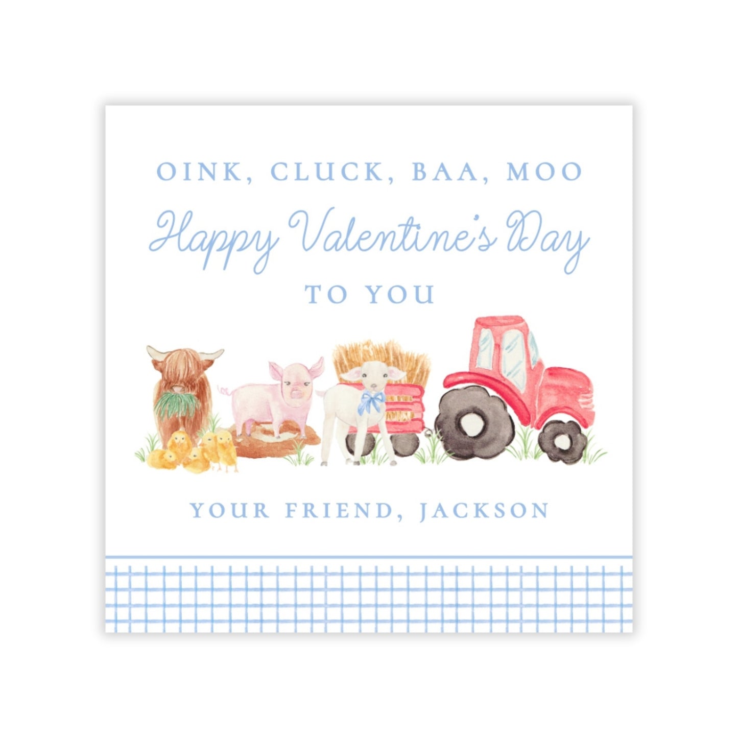The image is a Valentine's Day card featuring illustrations of farm animals, including a pig, sheep, and a tractor, along with a message wishing the recipient a happy Valentine's Day.