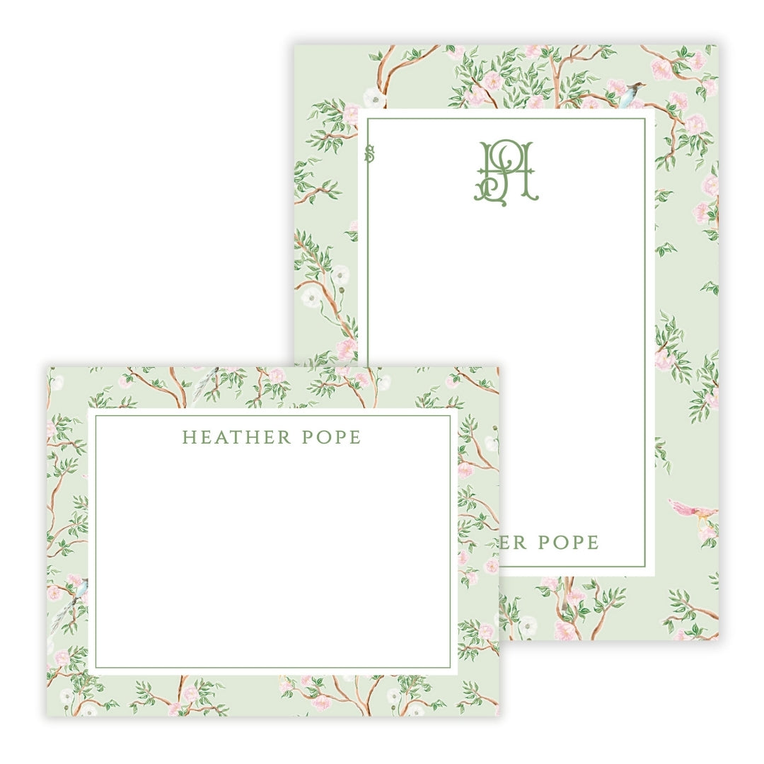 Spring Chinoiserie Green Floral Personalized Stationery Gift Set (Custom Bundle)