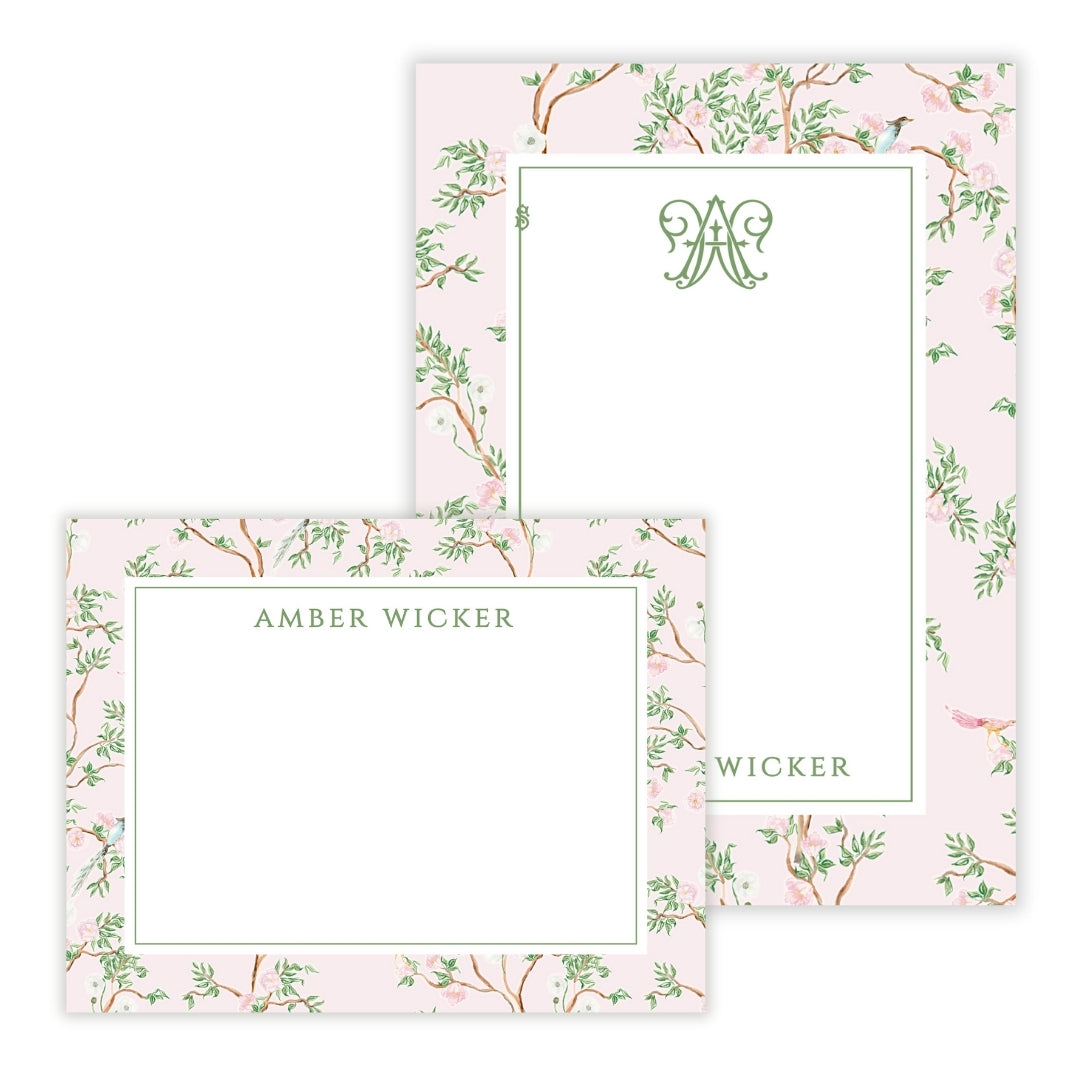 Spring Chinoiserie Pink Floral Personalized Stationery Gift Set (Custom Bundle)