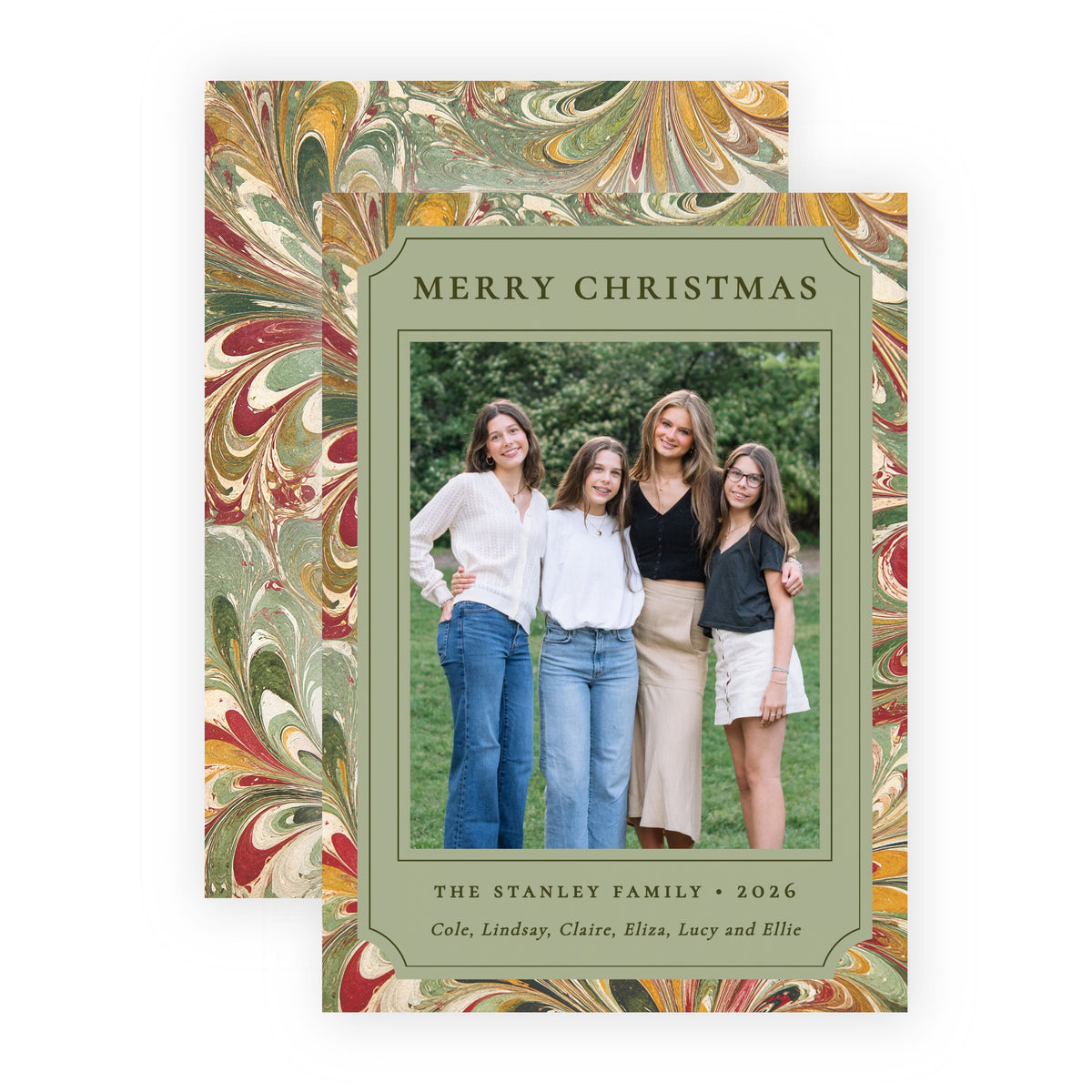 Two personalized Christmas family photos cards with a vintage marbled border in green, gold, and red, displayed on a clean white background.