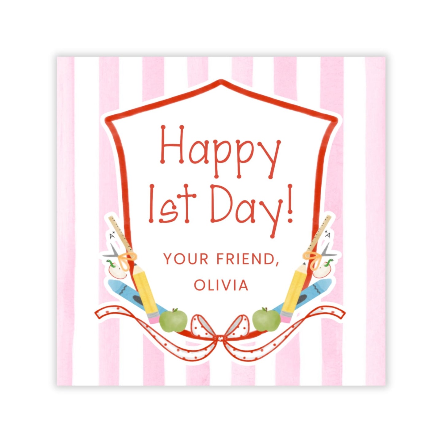 Back to School Gift Tag - Happy 1st Day Crest, Pink