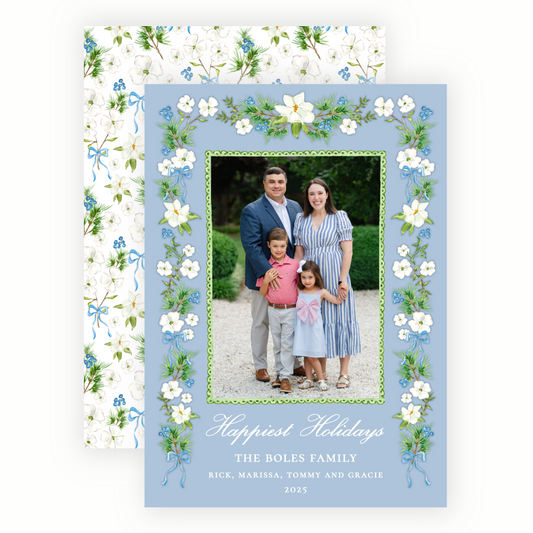Christmas Photo Card - Holiday Blossoms, Blue - Portrait