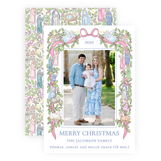 Christmas Photo Card - Festive Nativity Garland (Pastel) - Portrait