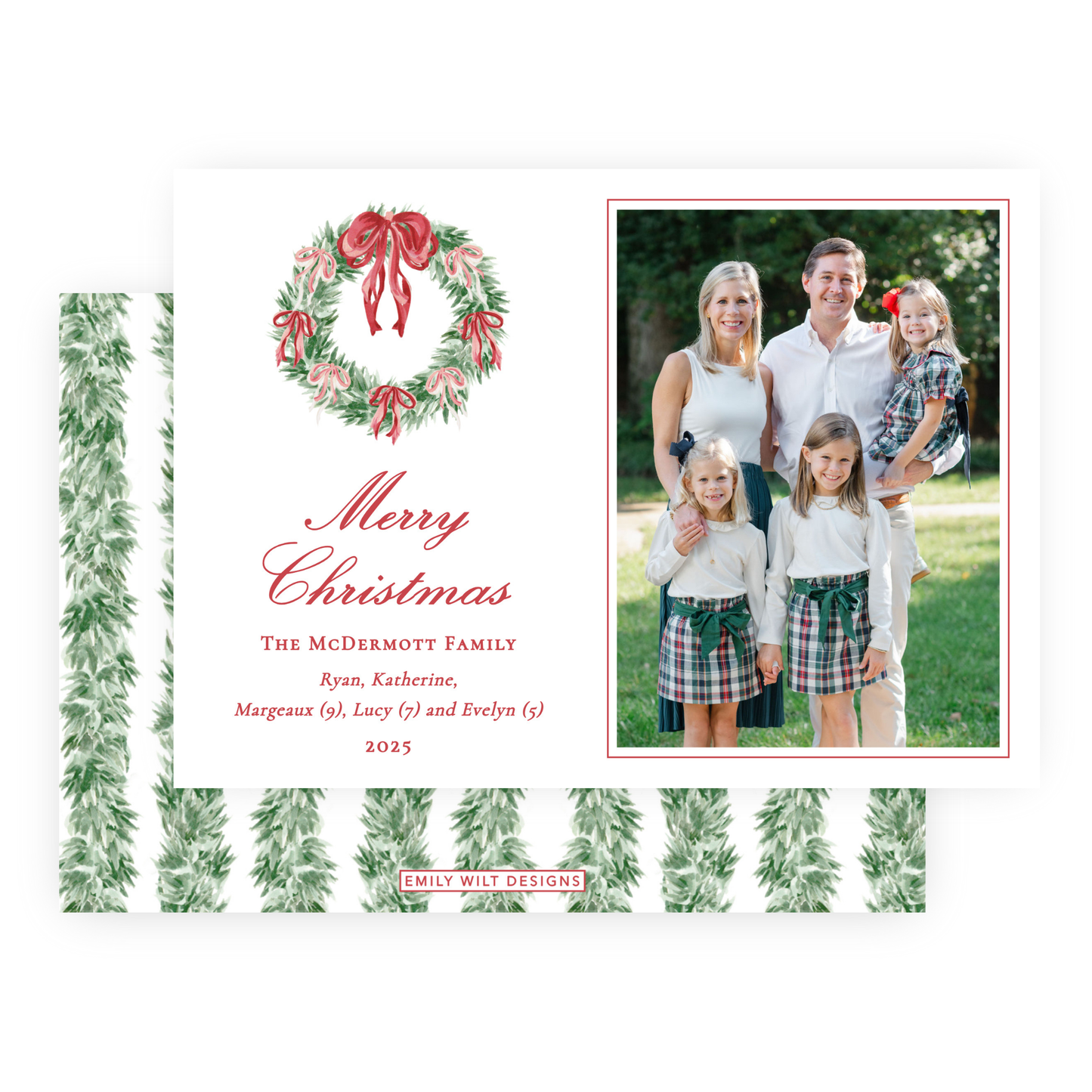Christmas Photo Card - Tied with a Bow Decorated Wreath - Landscape