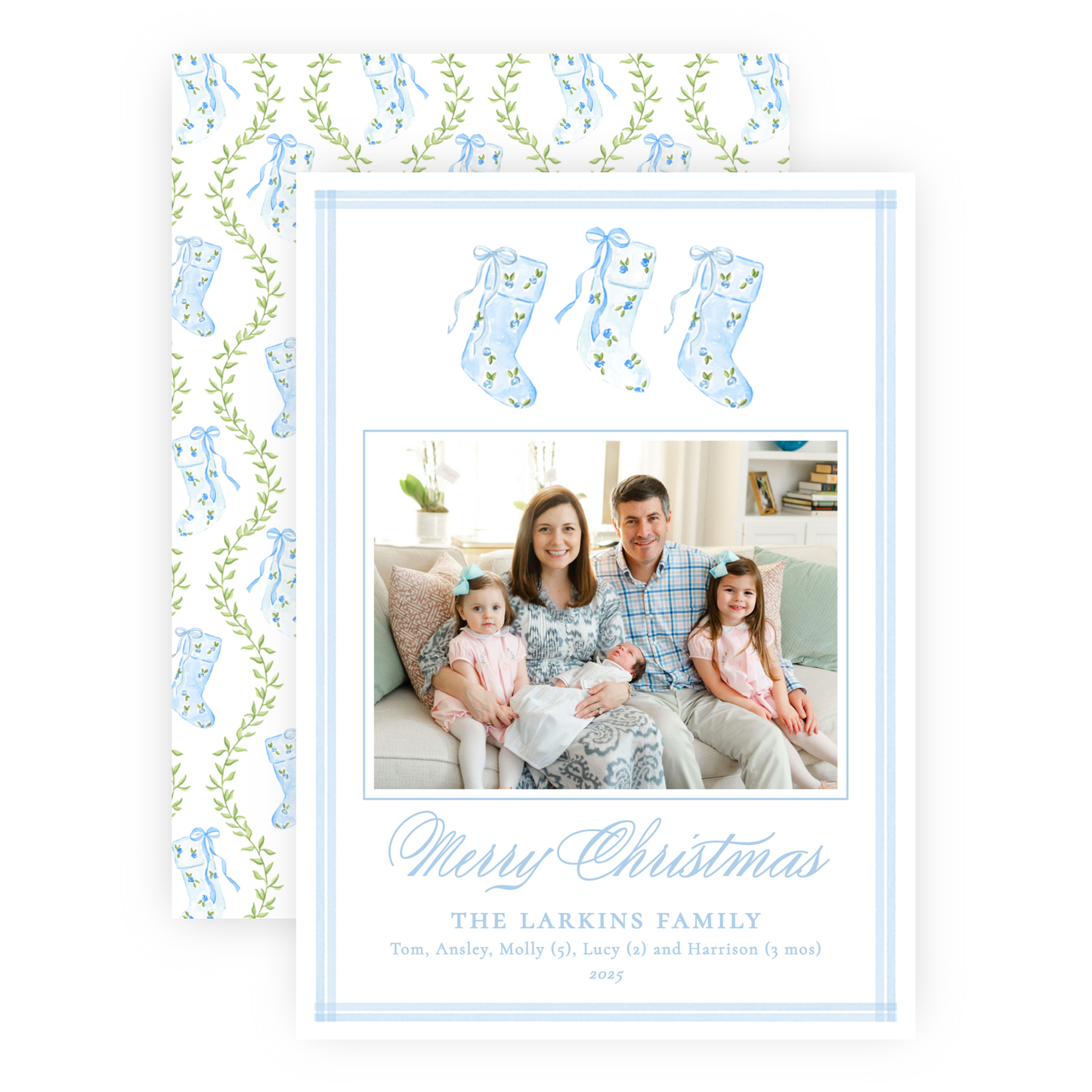 Christmas Photo Card - Delicate Stockings Trio, Blue - Portrait