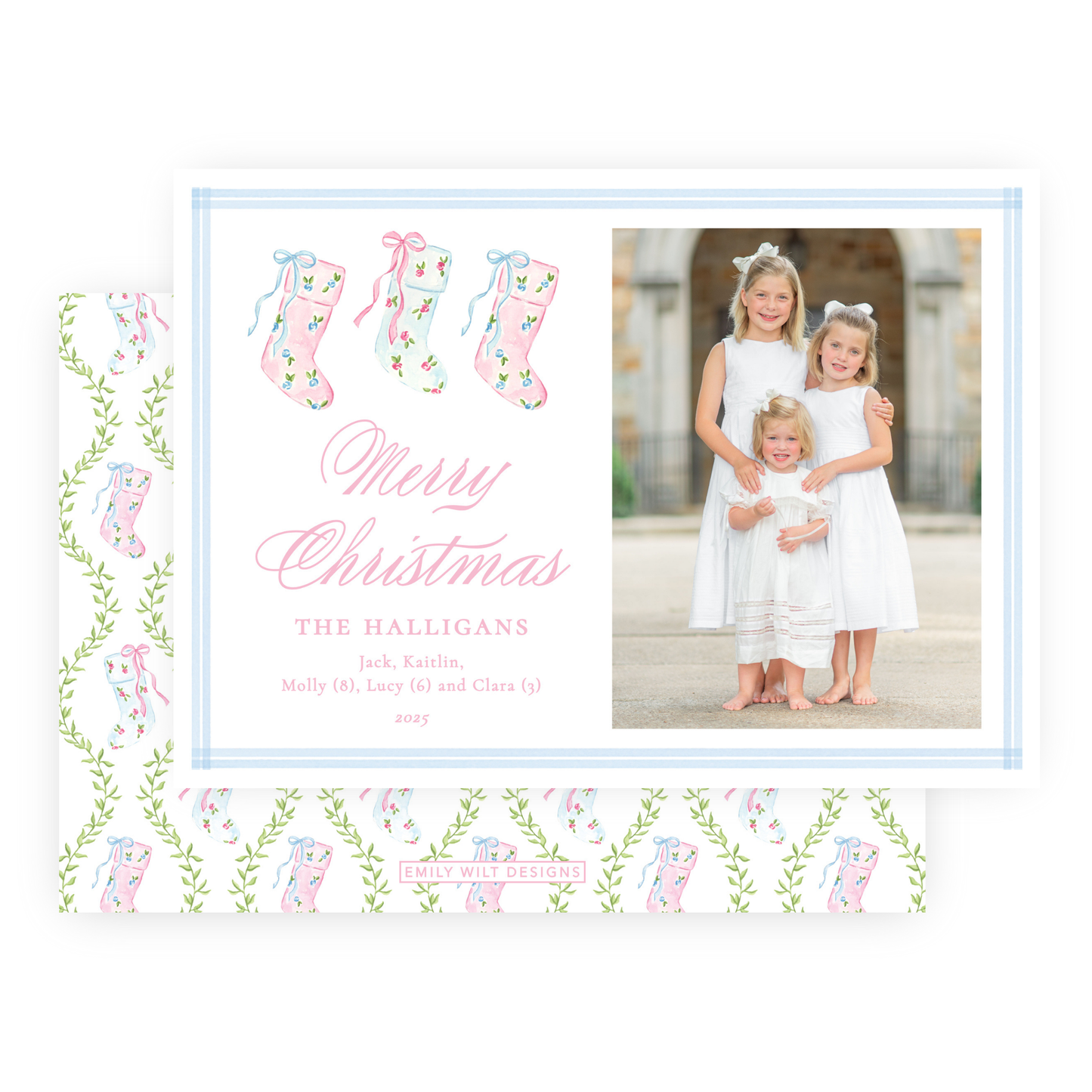 Christmas Photo Card - Delicate Stockings Trio - Landscape