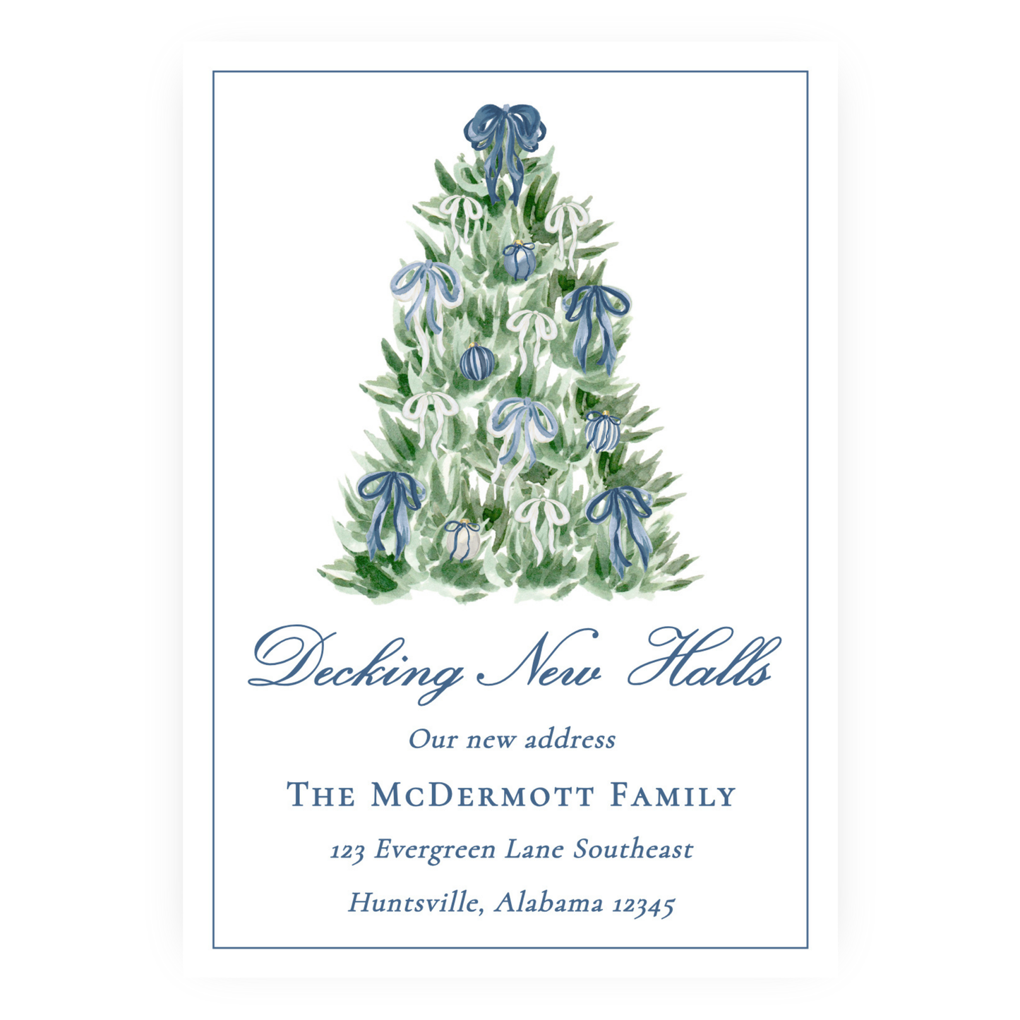 Christmas New Address Enclosure Cards - Tied with a Bow Tree, Blue