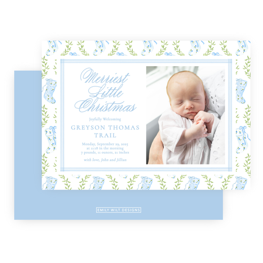 Christmas Photo Card - Delicate Stockings, Blue - Landscape - Birth Announcement