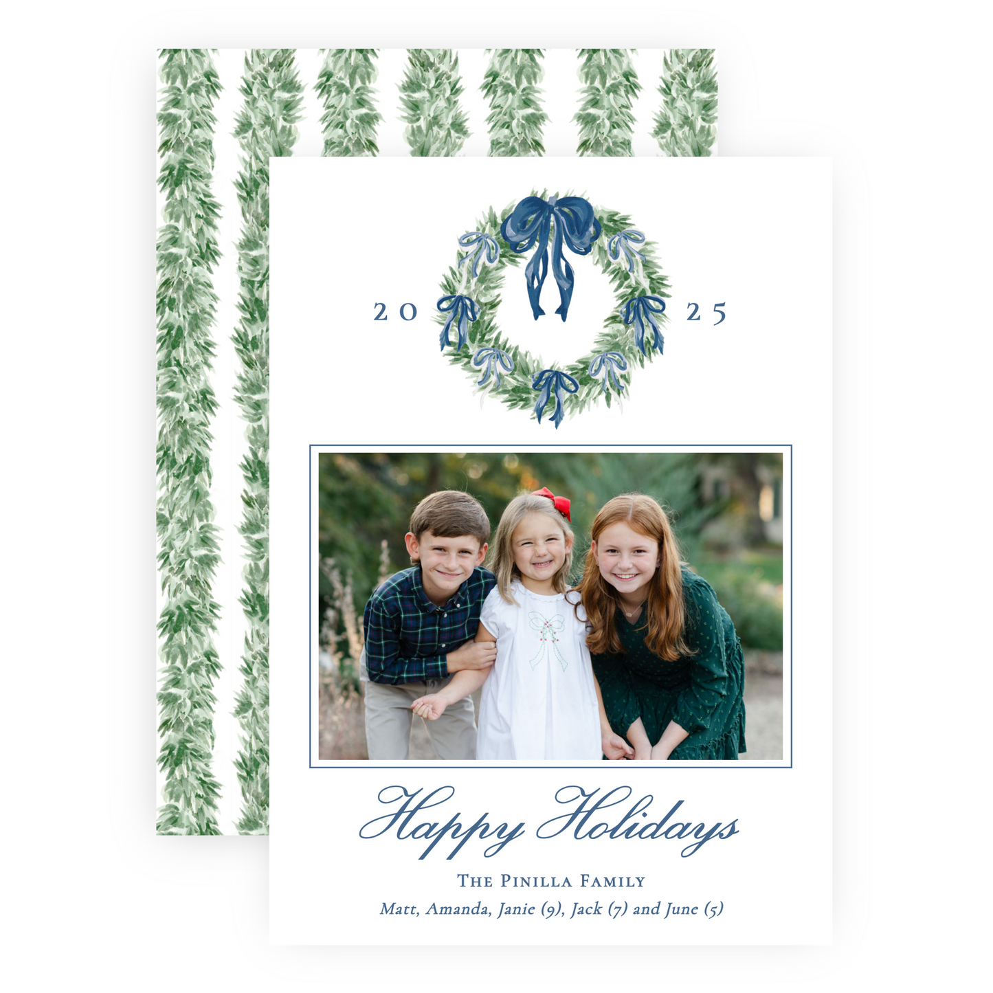 Christmas Photo Card - Tied with a Bow Decorated Wreath, Blue - Portrait