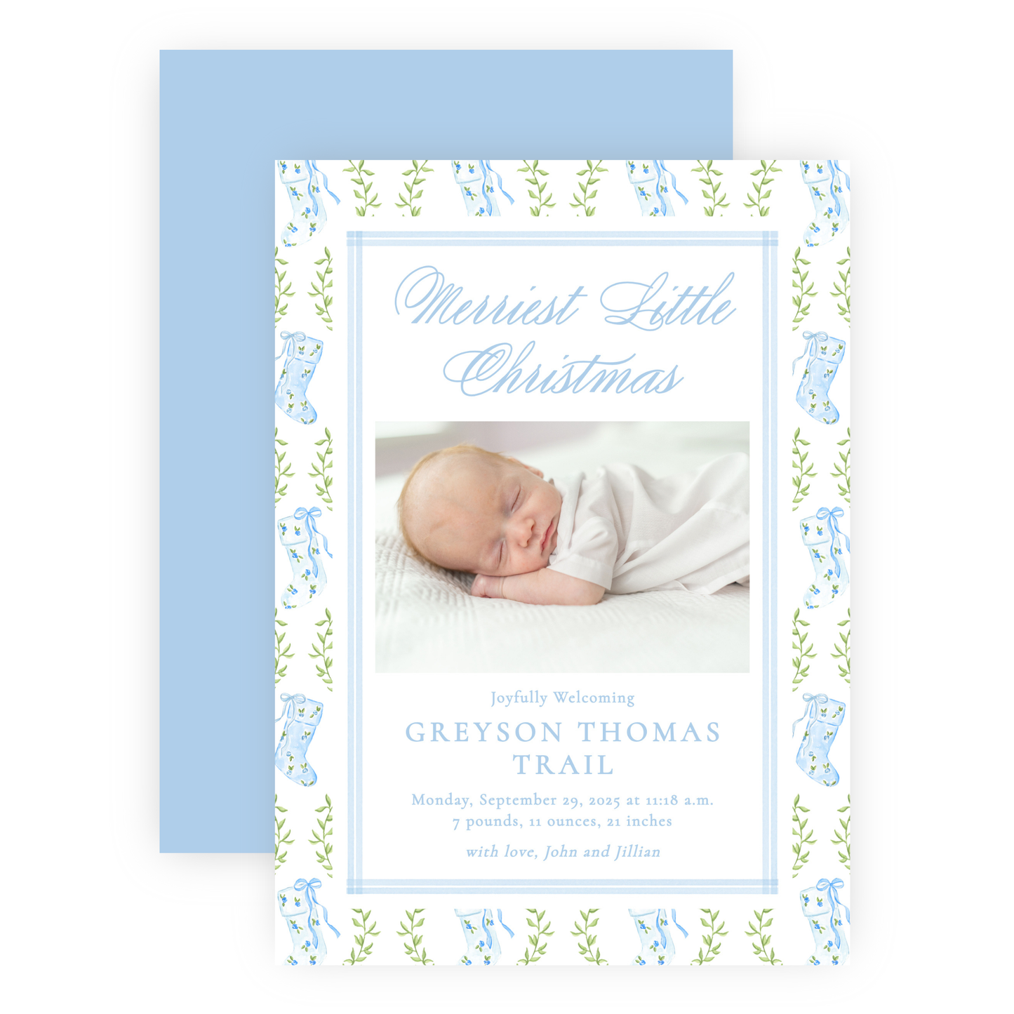 Christmas Photo Card - Delicate Stockings, Blue - Portrait - Birth Announcement