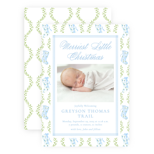 Christmas Photo Card - Delicate Stockings, Blue - Portrait - Birth Announcement