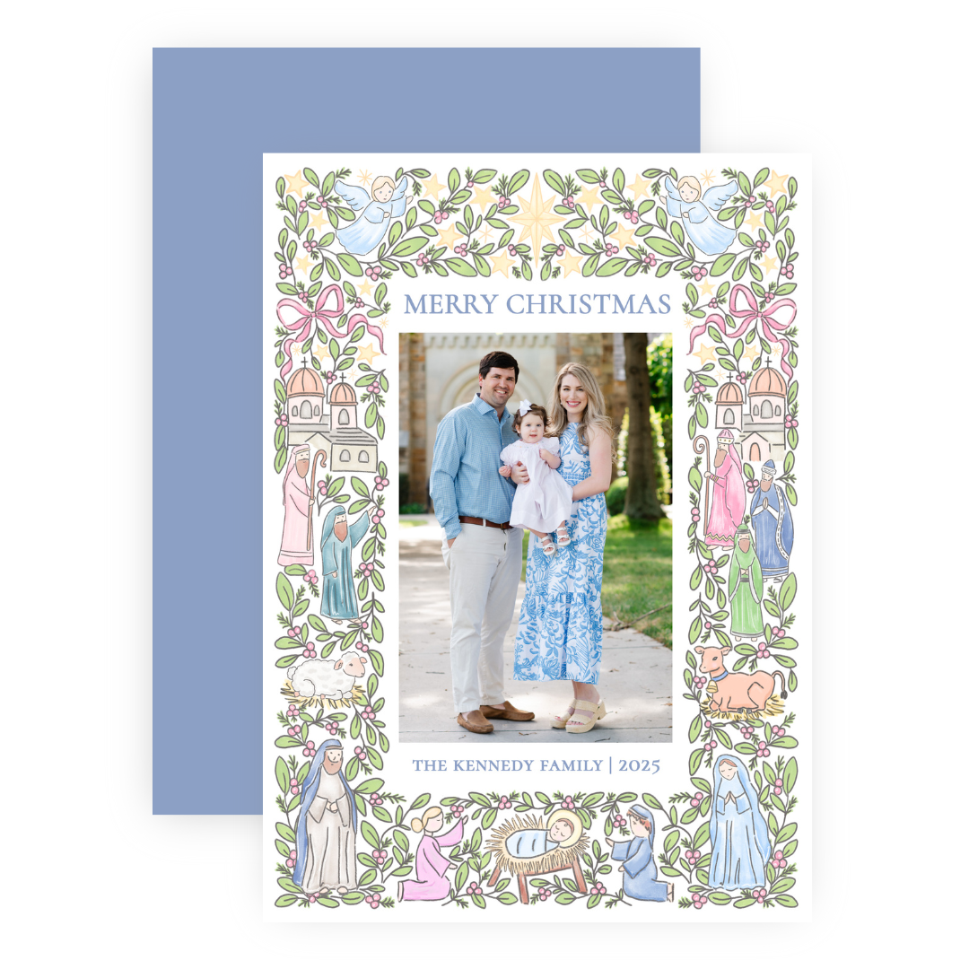 Christmas Photo Card - Festive Nativity Frame, Pastel - Portrait