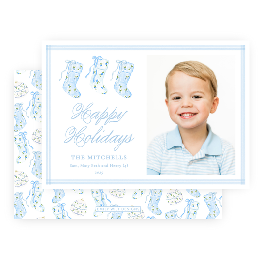 Christmas Photo Card - Delicate Stockings Trio, Blue - Landscape