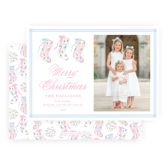 Christmas Photo Card - Delicate Stockings Trio - Landscape