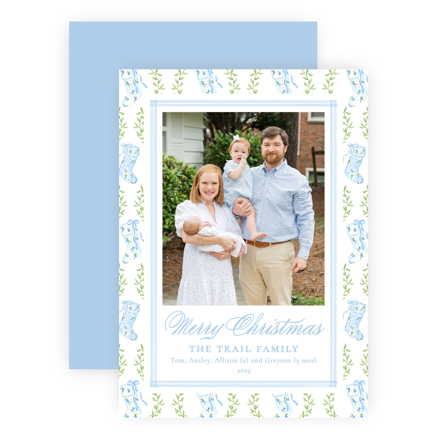 Christmas Photo Card - Delicate Stockings, Blue - Portrait