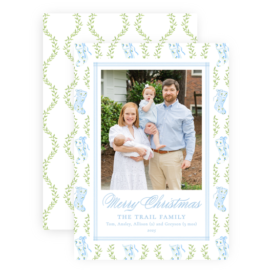 Christmas Photo Card - Delicate Stockings, Blue - Portrait