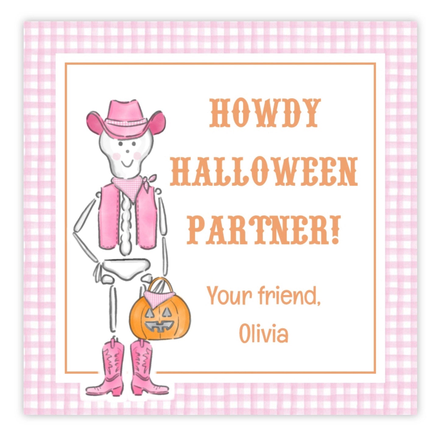 A personalized Halloween gift tag featuring a cartoon skeleton in pink clothing and boots, with the text 'HOWY HALLOWEEN PARTNER!' and a place for a personalized message.