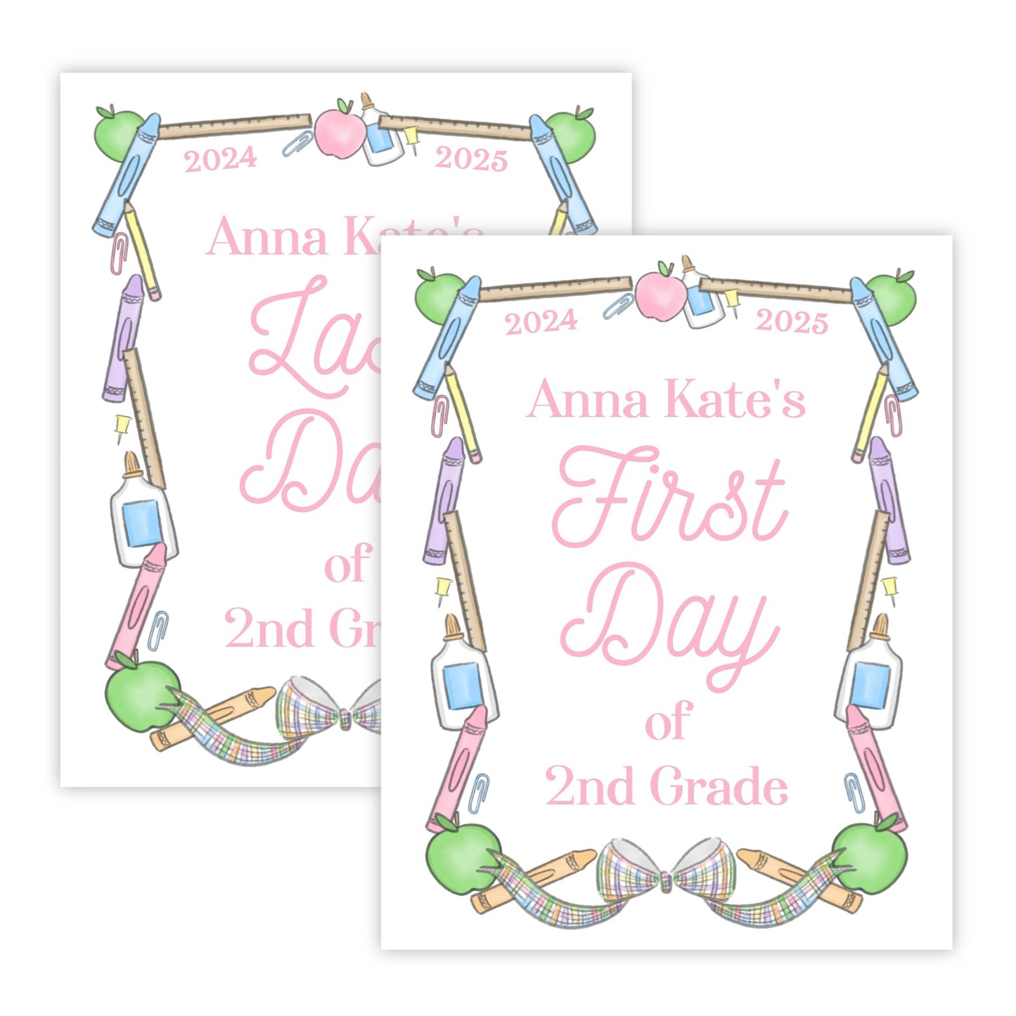Personalized First & Last Day of School Sign | Double-Sided Photo Prop | School Supply Frame (Pink)