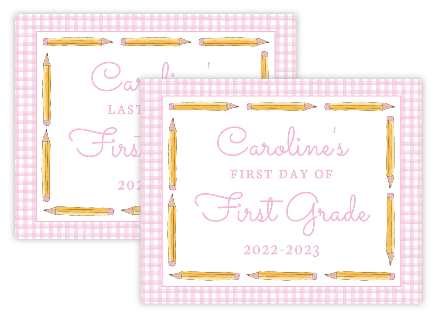 Personalized First & Last Day of School Sign | Double-Sided Photo Prop | Yellow Pencils (Pink)
