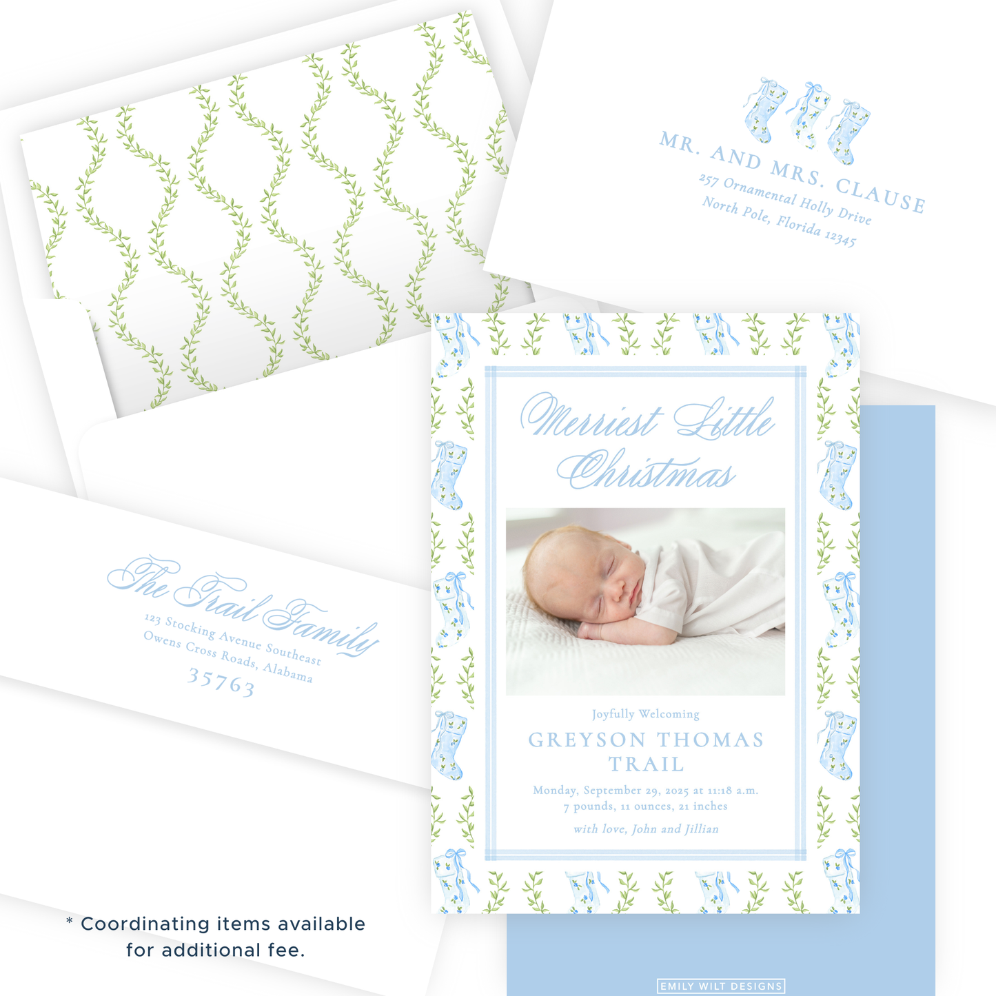Christmas Photo Card - Delicate Stockings, Blue - Portrait - Birth Announcement