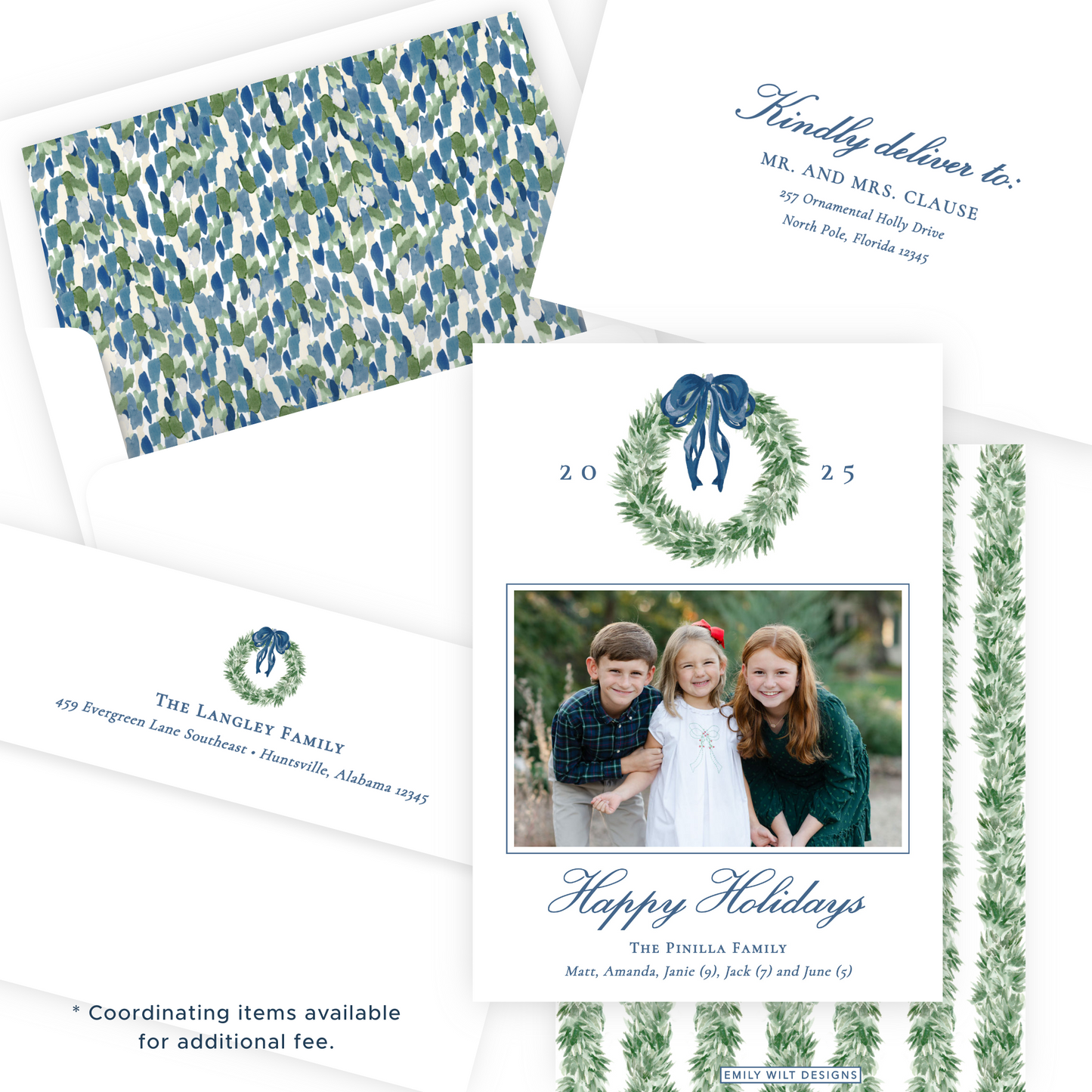 Christmas Photo Card - Tied with a Bow Wreath, Blue - Portrait