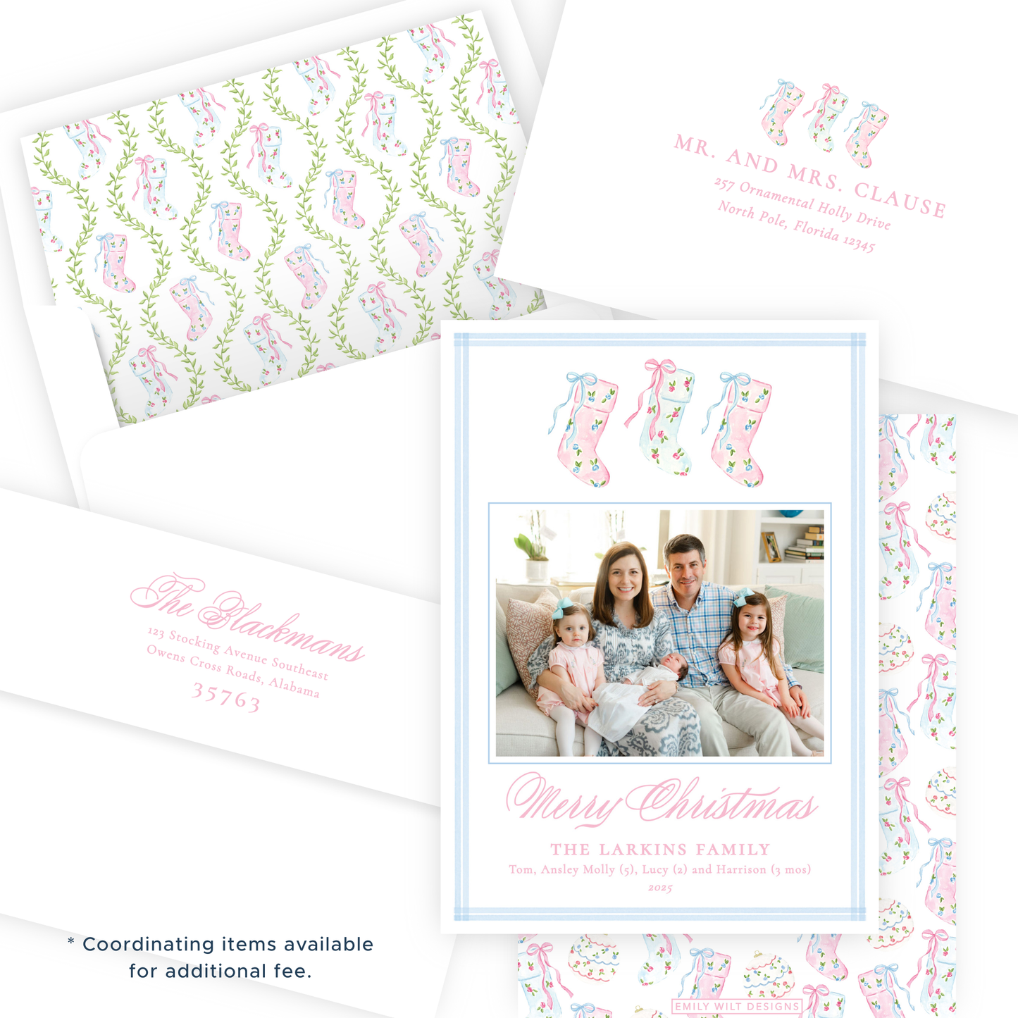 Christmas Photo Card - Delicate Stockings Trio - Portrait
