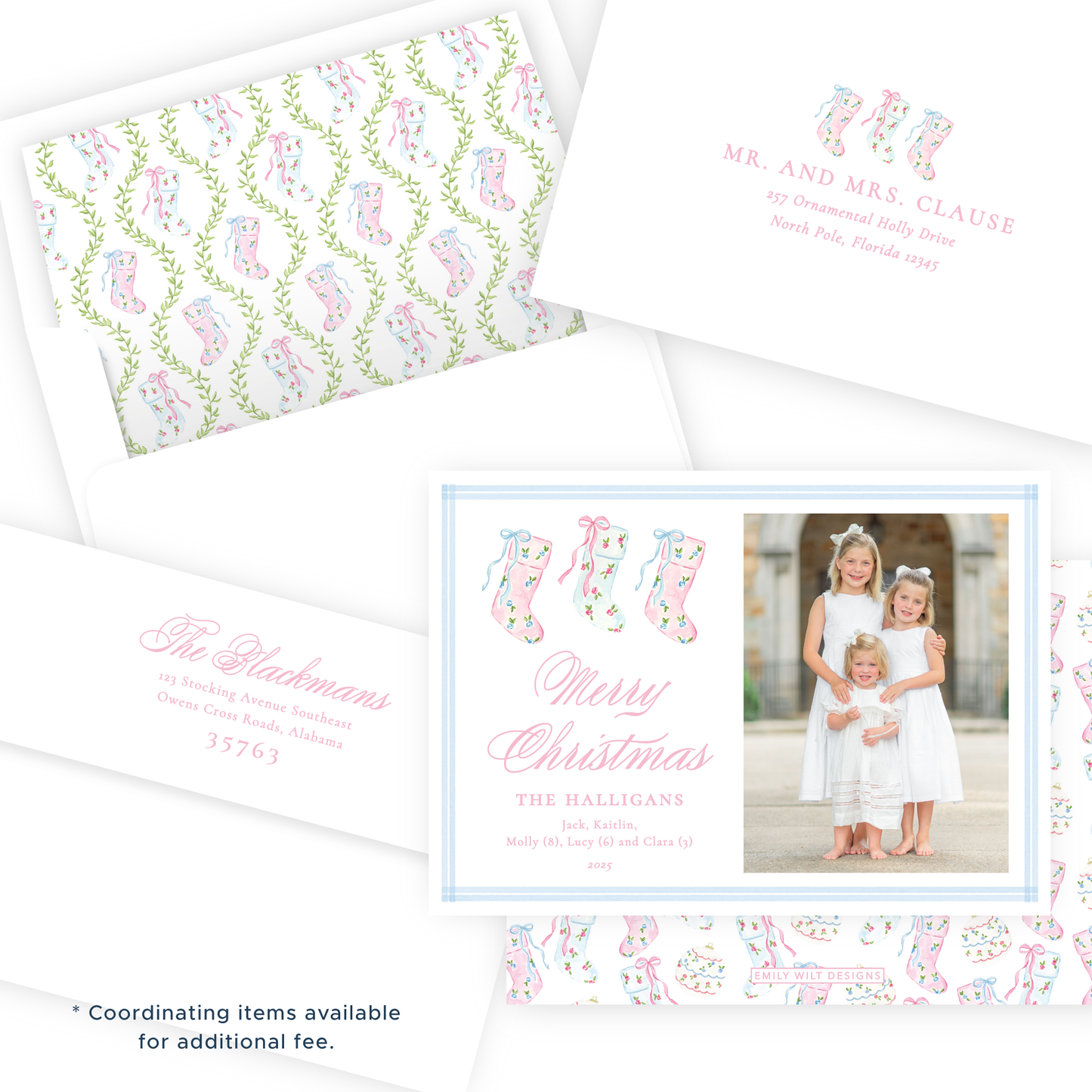 Christmas Photo Card - Delicate Stockings Trio - Landscape